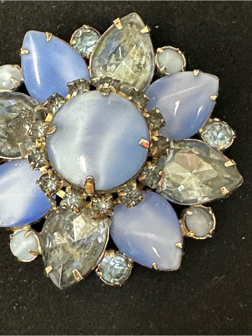 Vintage Blue and Clear Floral Glass Brooch